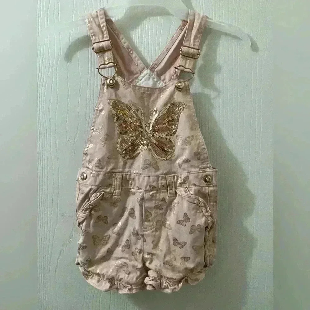 Girls BUTTERFLY Shortalls Foil Print Sequins Shorts Tee Size 5